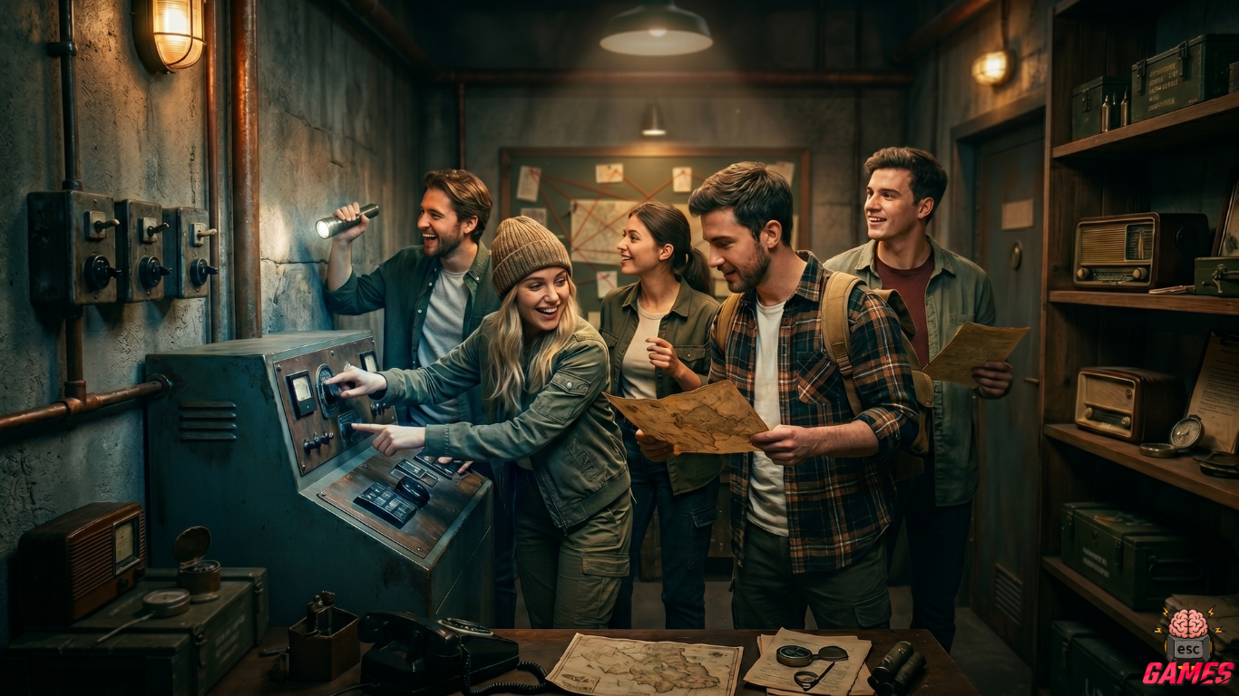 jóvenes disfrutando de un escape room inmersiva de la segunda guerra mundial